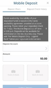 On the deposit check, page select the account, and enter the amount. Follow the instructions on the screen.